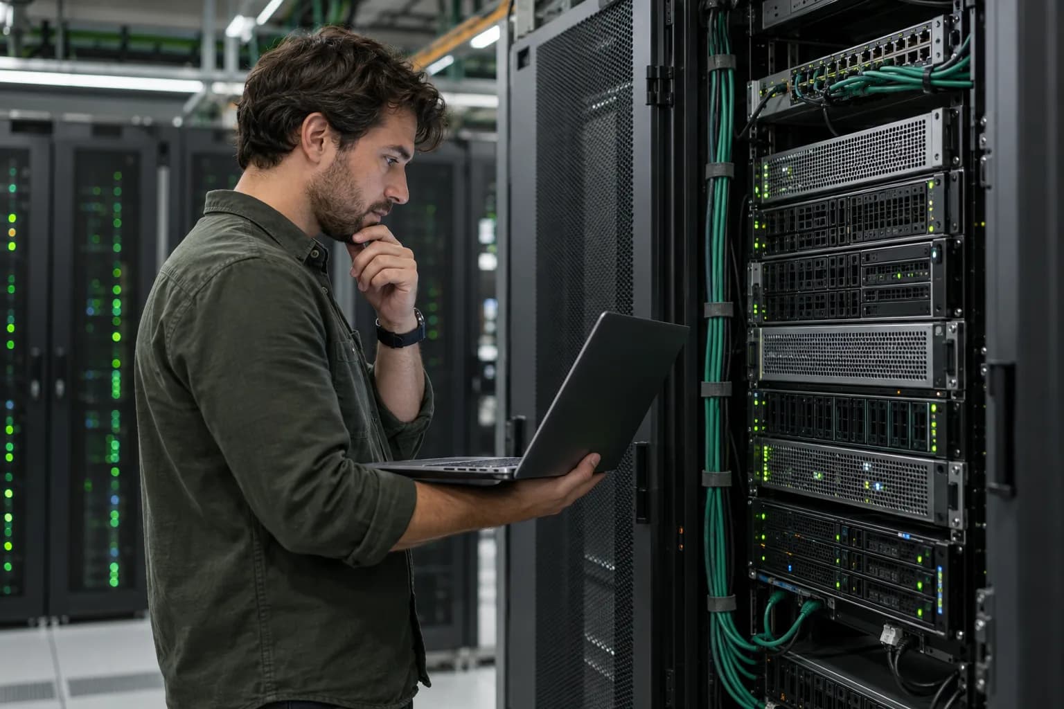 Sunucu odasında dizüstü bilgisayarıyla cluster envanterini inceleyen platform mühendisi